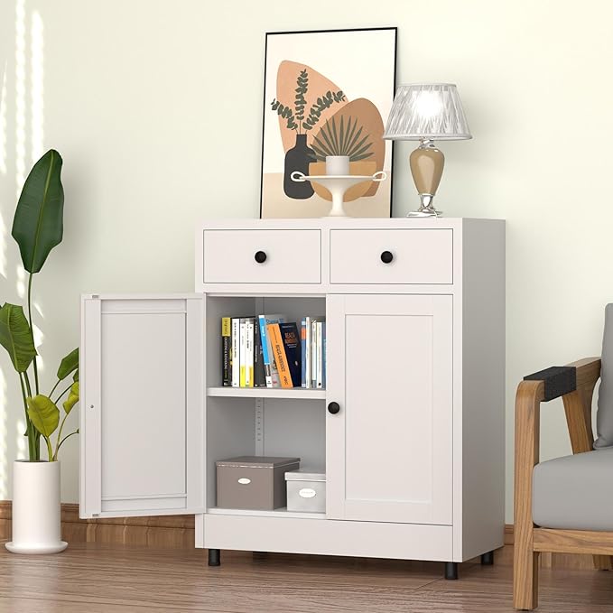 Metal Storage Cabinet with 2 Drawers and Adjustable Shelf, Sideboard Buffet - Image 9