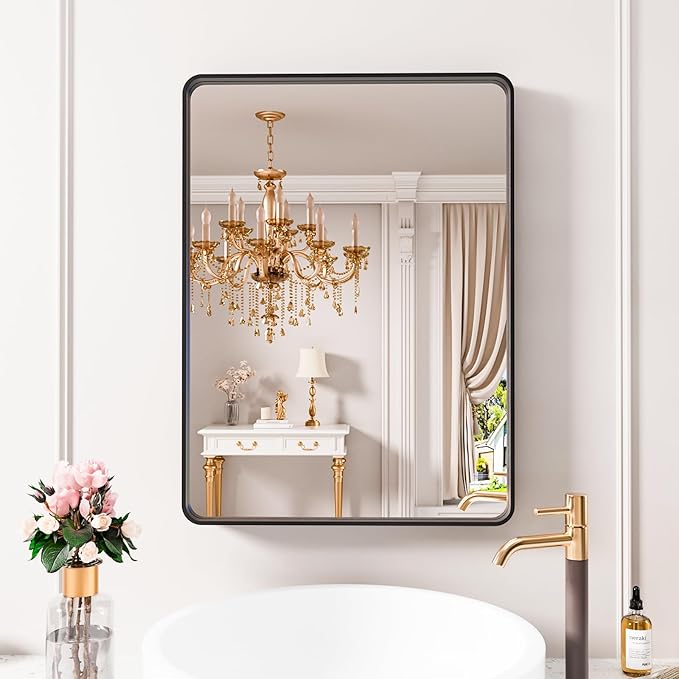 Black Bathroom Mirror 22X30 Inch, Rounded Rectangle Matte Bathroom Vanity Mirror by JISOSO