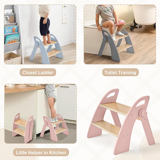 Wooden 2 Step Stool for Kids Bathroom Sink Foldable Anti-Slip 2-Step for Toilet - Image 2