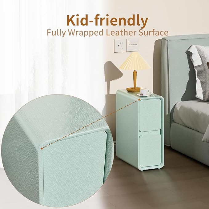 VICITON Modern Narrow Faux Leather Nightstand, Solid Wood Drawer, Storage - Image 4