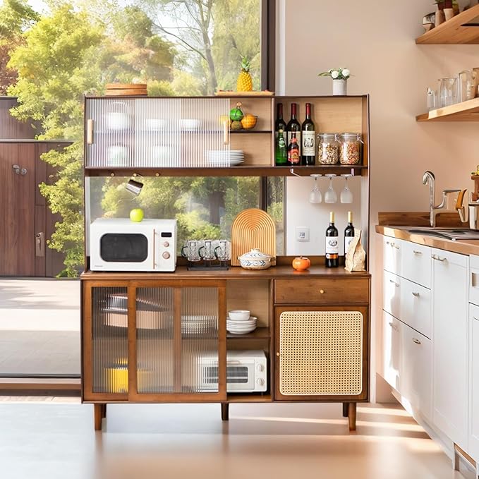 Tiita Kitchen Hutch with Countertop, 69” Rattan Solid Wood Pantry Cabinet with - Image 9