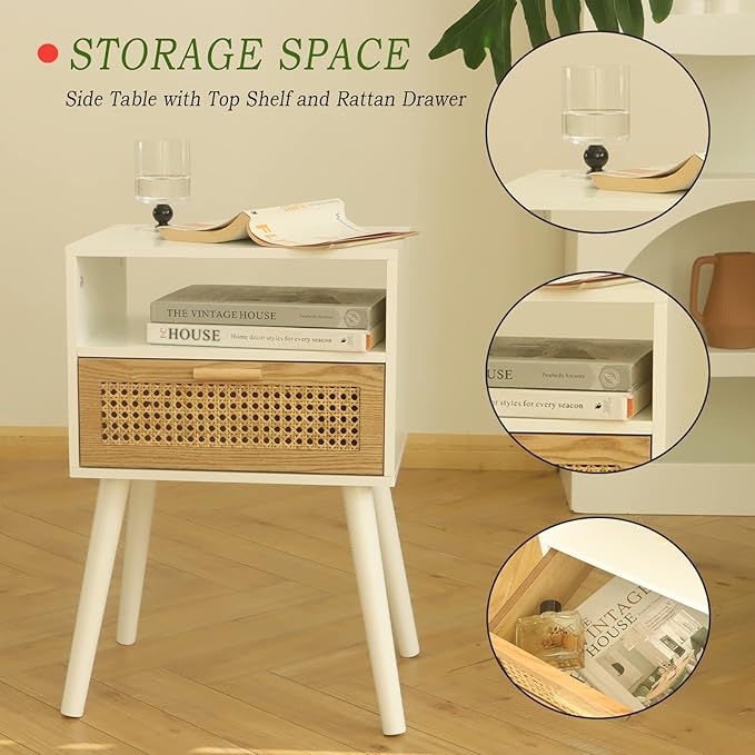 MaxSmeo Nightstand with Charging Station, Bedside Tables with Rattan Drawer - Image 7