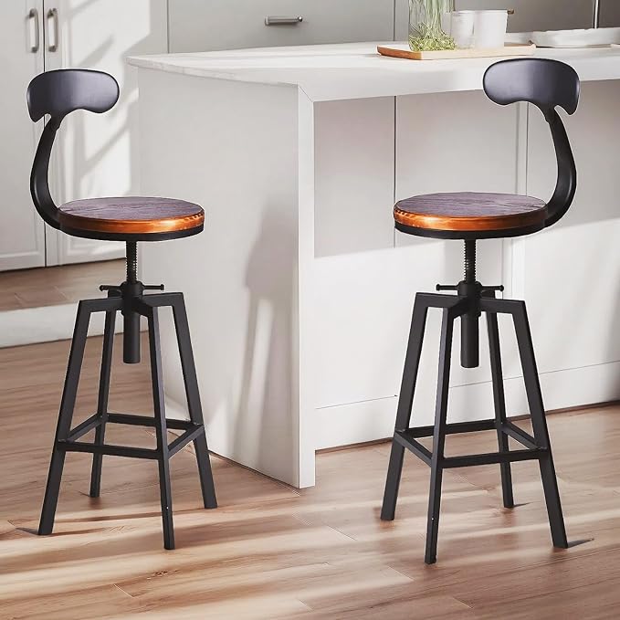Diwhy Industrial Bar Stools, Kitchen Dining Chair, Wood Top Stool, Adjustable by Diwhy