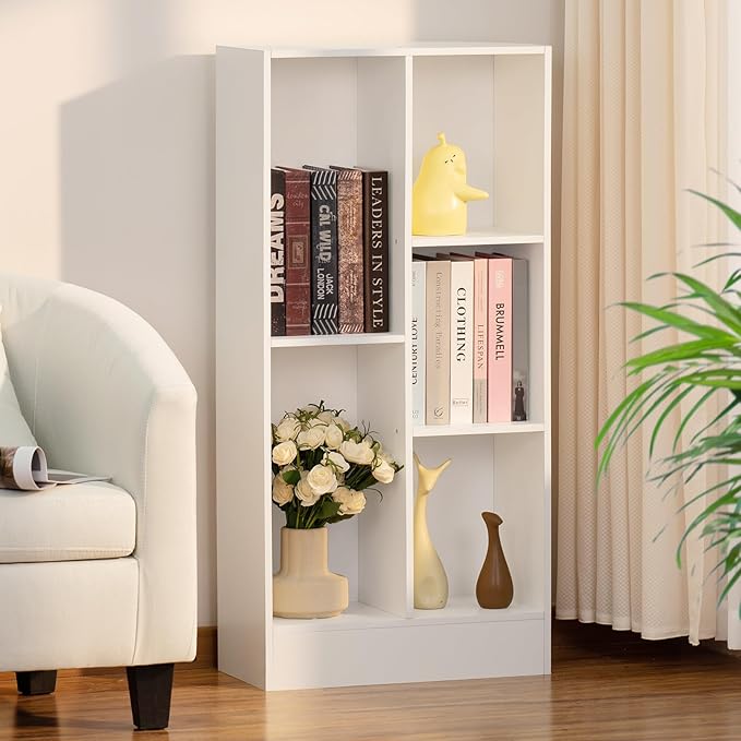 YAHARBO 5 Cube White Bookshelf, Small Modern Horizontal Bookcase, Wood Floor - Image 3