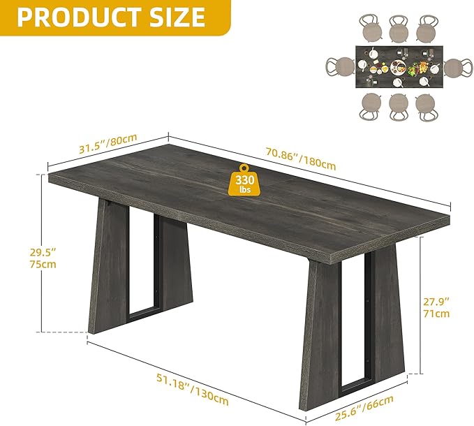 DWVO Rectangle Dining Table for 6-8 People 70.86 Inch Large Dining Room Table - Image 2