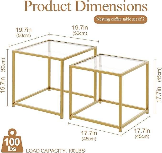 Garden 4 you Coffee Table Set of 2, Modern Glass Nesting Table, Metal Frame - Image 2