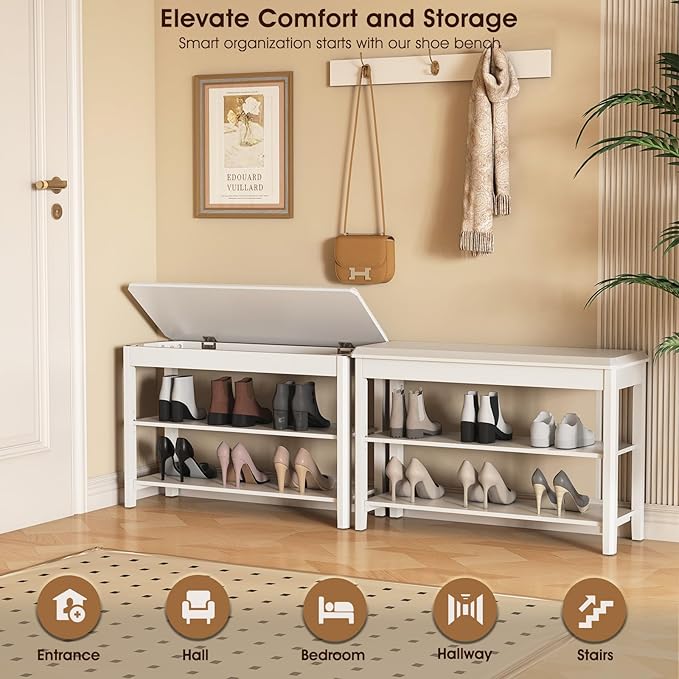 Shoe Rack Bench Seat Rubberwood 2-Tier Wooden Storage Bench 550lbs Compact - Image 3