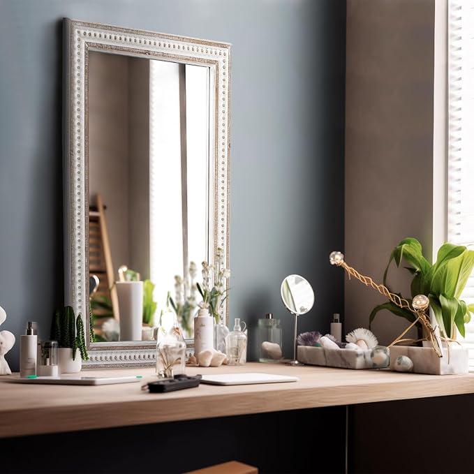 35x23'' Boho Wooden Rectangle Wall Mirror, Rustic Farmhouse Rectangular Mirrors - Image 3