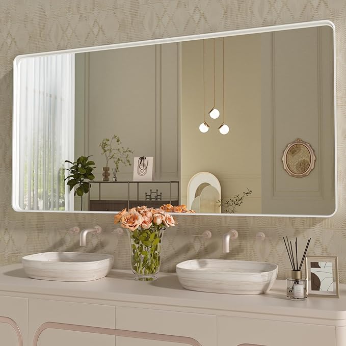 WEER White Bathroom Mirror 60X28 Inch, Rounded Rectangle White Metal Frame by WEER