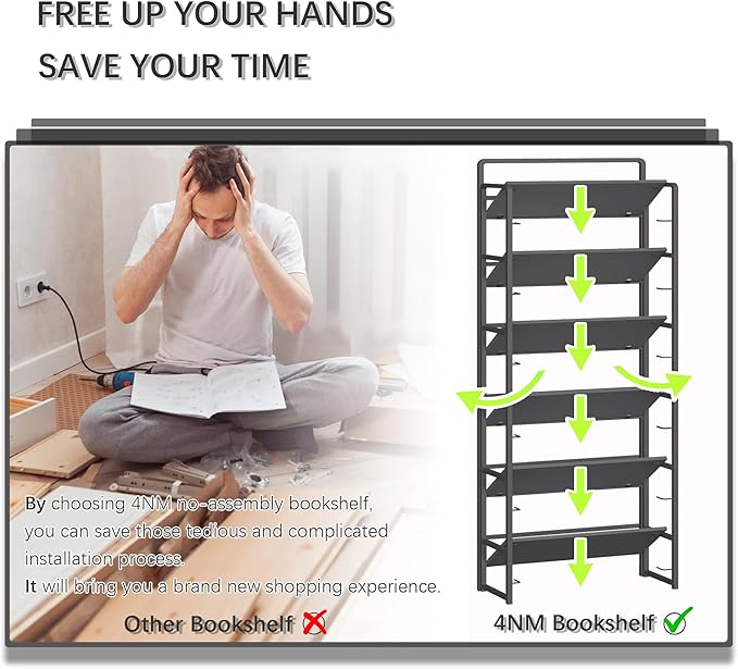 4NM No-Assembly 6 Tiers Folding Bookshelf Storage Shelves Vintage Bookcase - Image 7