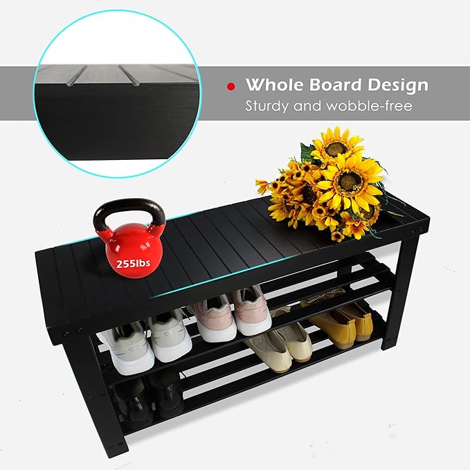 SMIBUY Bamboo Shoe Rack Bench, 3-Tier Shoe Organizer Storage Shelf - Image 7