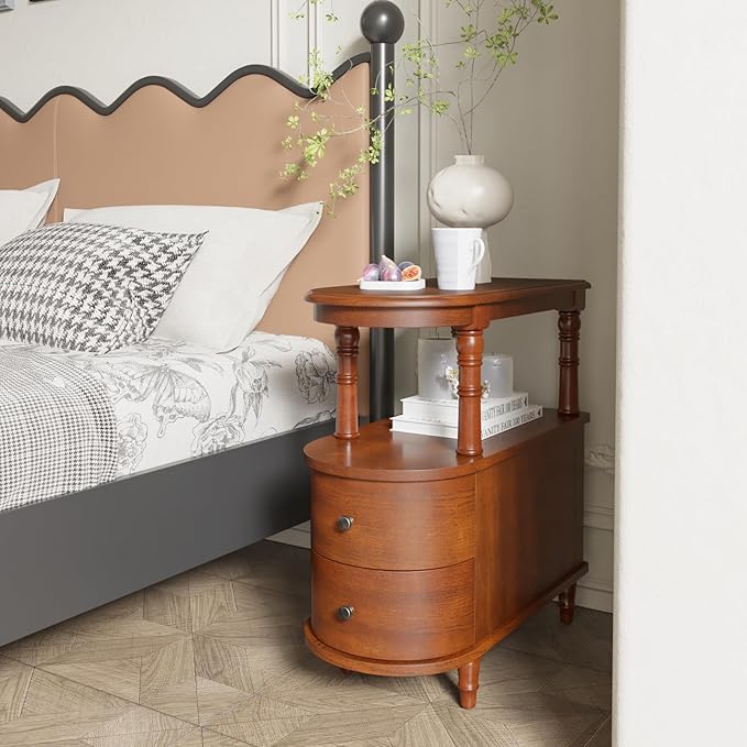 Wood End Table with 2 Drawers and Storage Shelf, Narrow Sofa Side Table - Image 6