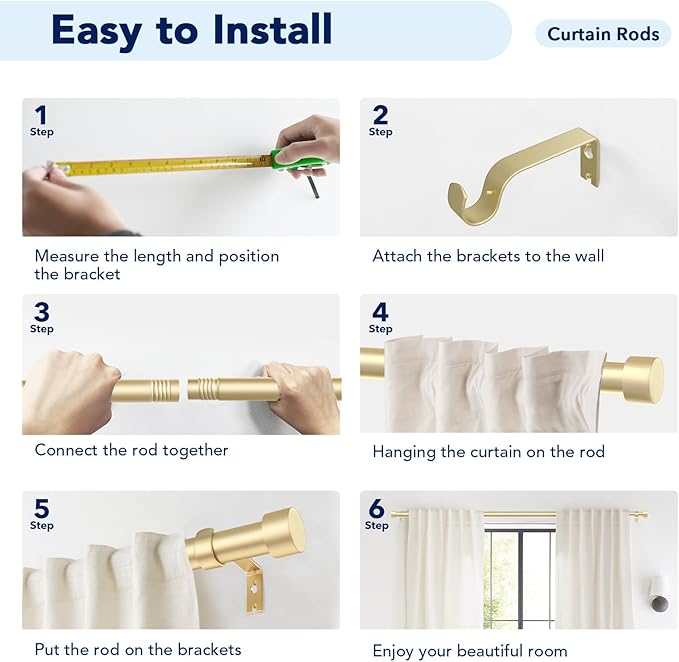 2 Pack Curtain Rods for Windows 72 to 144 Inch, 1 Inch Gold Curtain Rods Set - Image 7