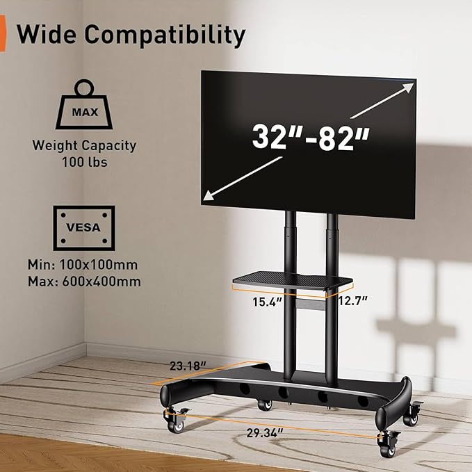 Perlegear Mobile TV Cart for 32-82 Inch Flat/Curved LED/LCD/OLED TVs Rolling TV - Image 4