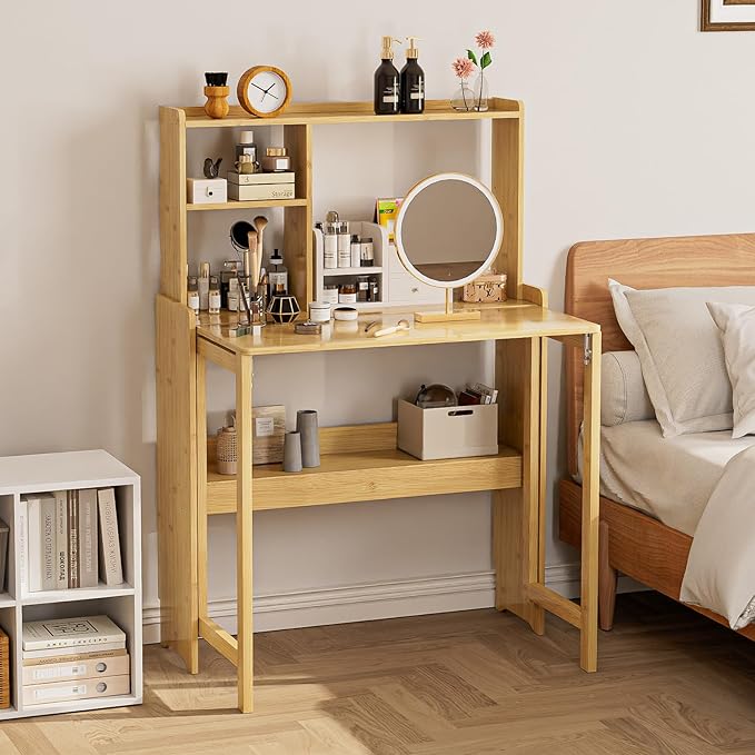 Bamboo Folding Desk with Storage Rack Mid Century Modern Desk - Image 7