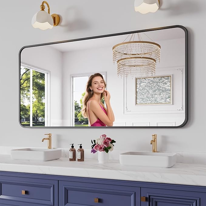 Koonmi Bathroom Mirror, 30X60 Inch Black Metal Framed Mirror by KOONMI
