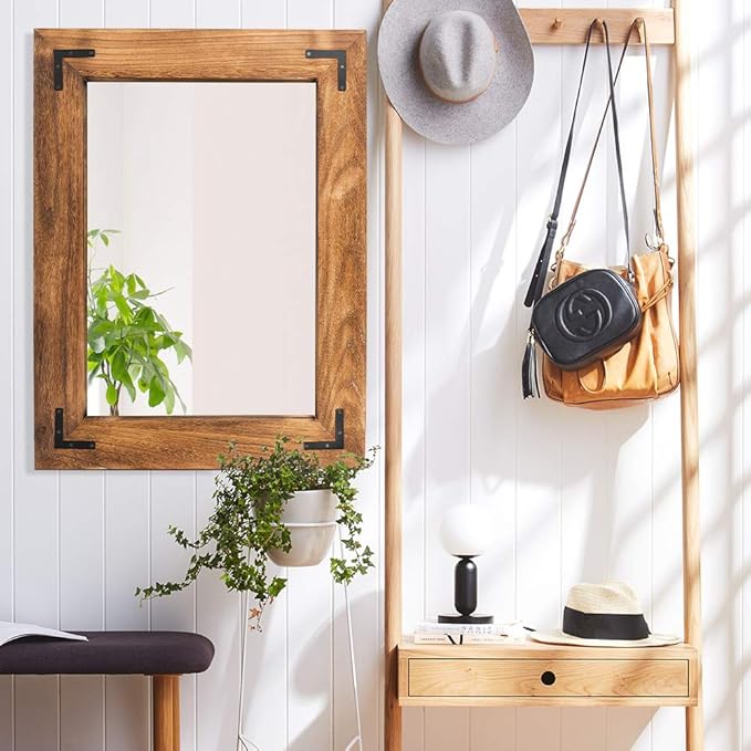 YOSHOOT Rustic Wooden Framed Wall Mirror, Natural Wood Bathroom Vanity Mirror - Image 5
