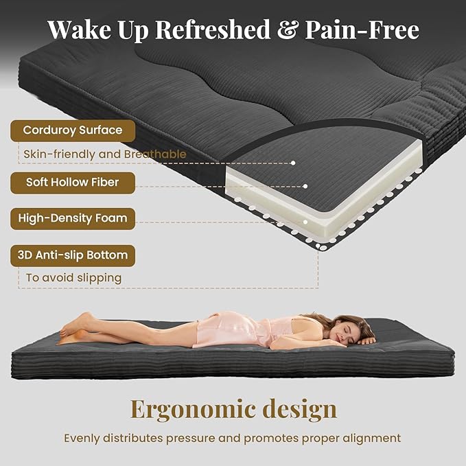 Japanese Floor Mattress, Corduroy Foldable Floor Pad, Roll Up Tatami Mat - Image 2