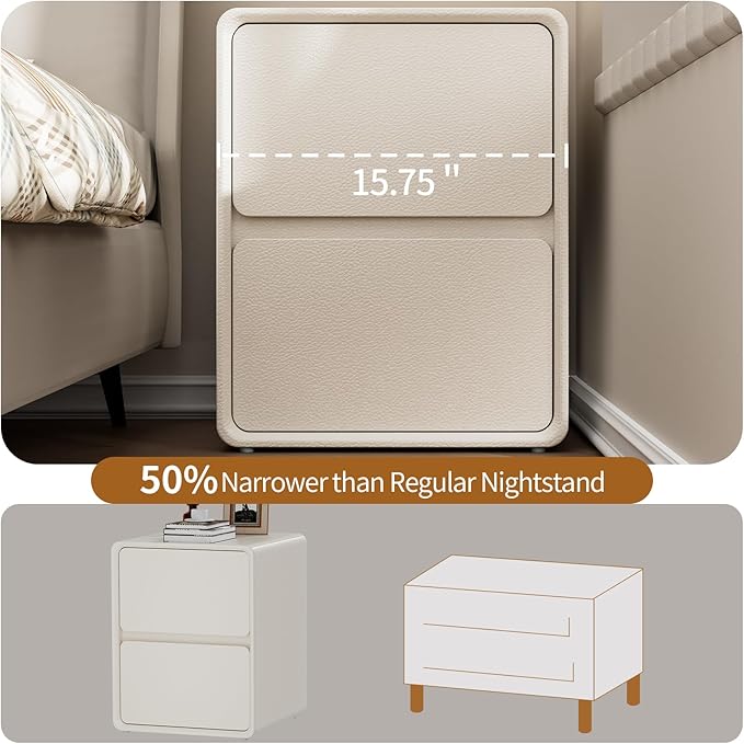 VICITON Modern Narrow Faux Leather Nightstand, Solid Wood Drawer, Storage - Image 5