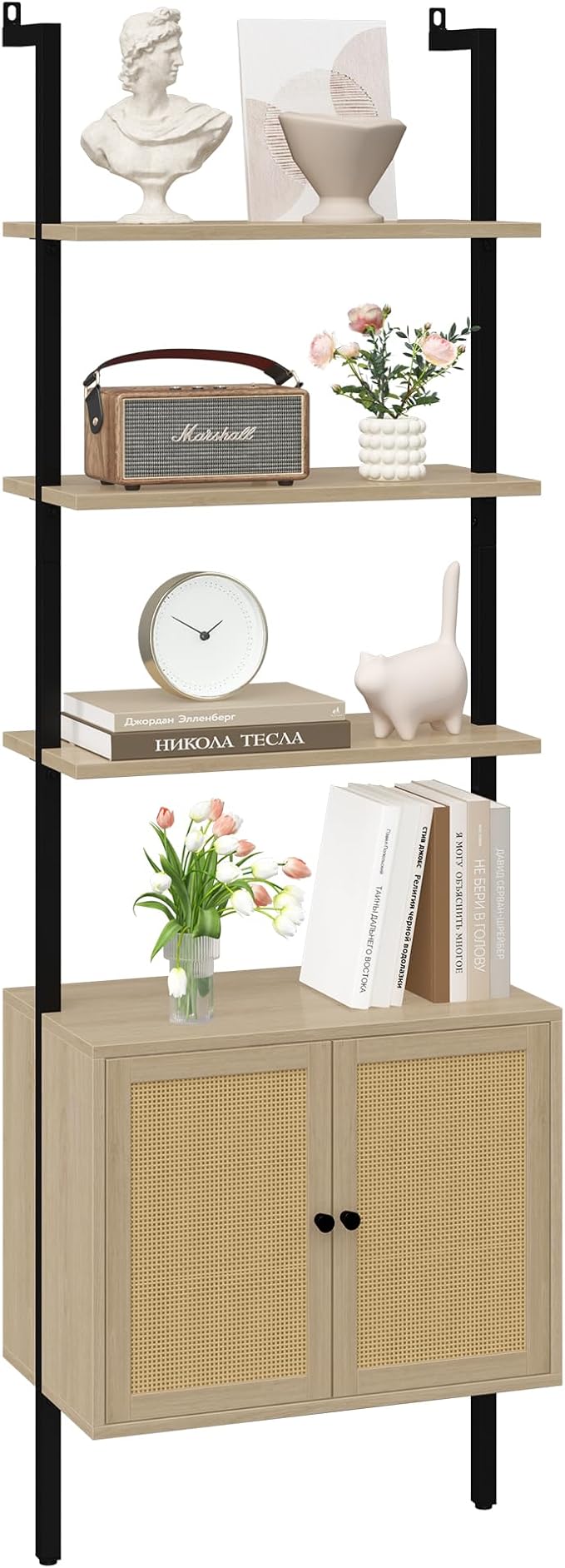 Yusong 73" Tall Bookshelf with Cabinet, Industrial Ladder Wall Mount Shelf by Yusong