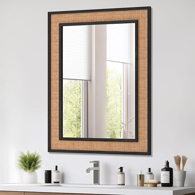 Rattan Wall Mirror with Wooden Framed 24 X 32 inch Farmhouse Rectangle Wood by FUWU+HOME