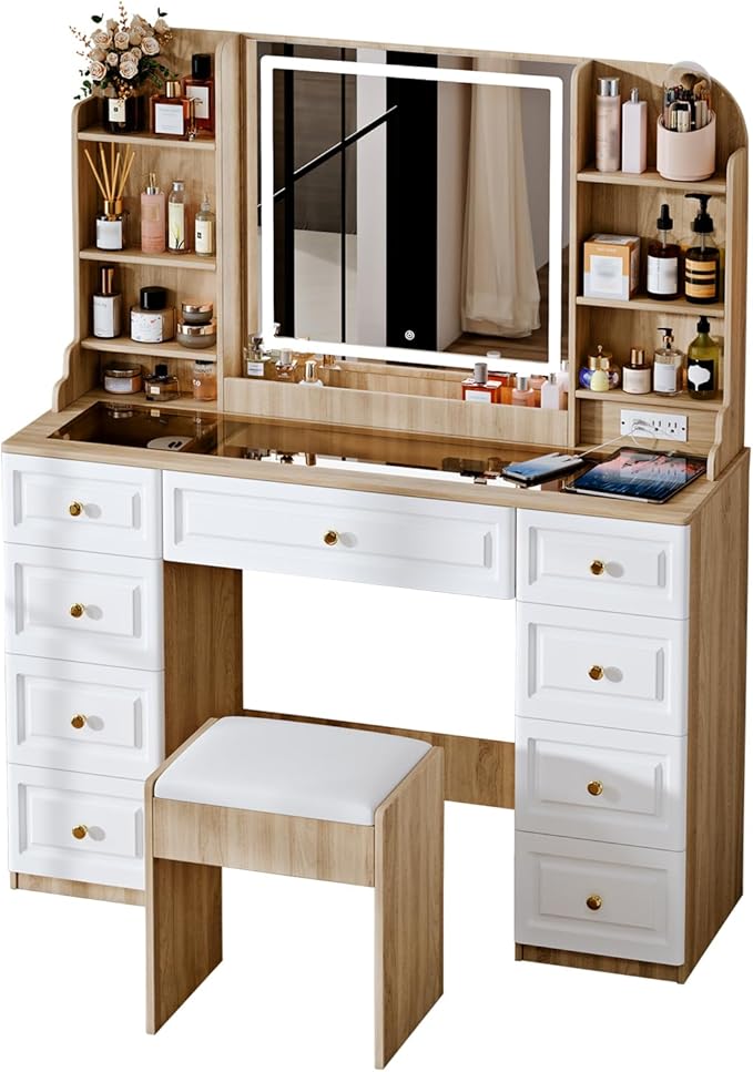 43" Makeup Vanity Desk with Mirror and Lights, & Power Outl, Glass Top Big - Image 9