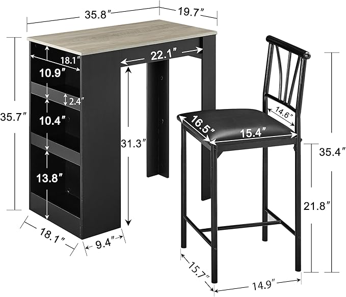 VECELO Small Bar Table and Chairs Tall Kitchen Breakfast Nook - Image 6