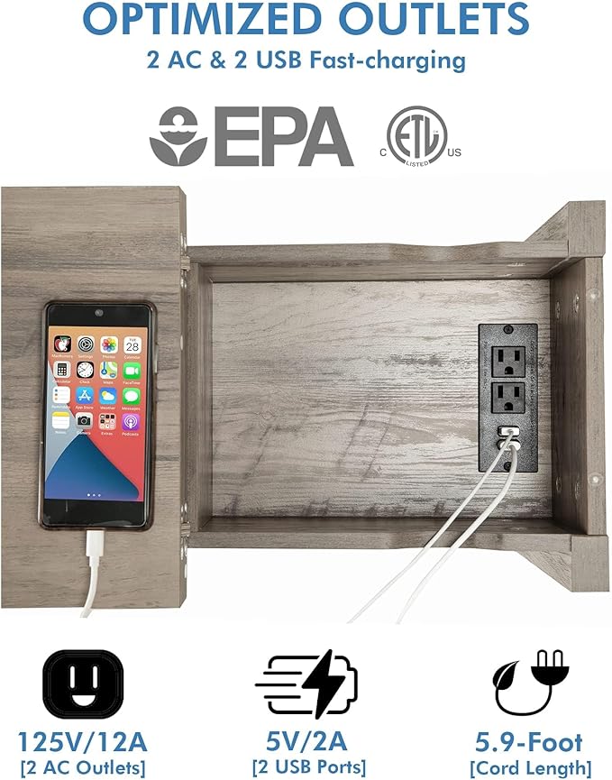 Narrow End Table with Charging Station Farmhouse Slim Side Table with USB Ports - Image 4