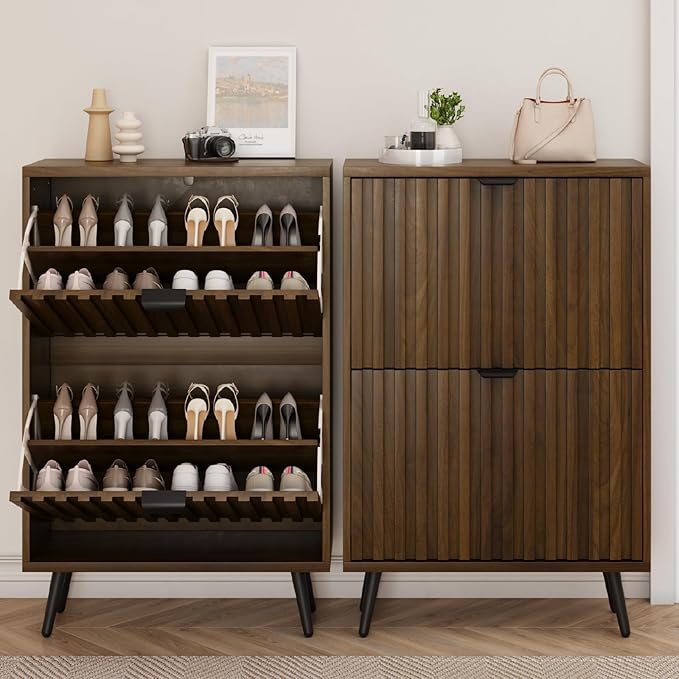 Smuxee Shoe Cabinet with 2 Flip Drawers, 23.6" Walnut Hidden Shoe Storage - Image 3