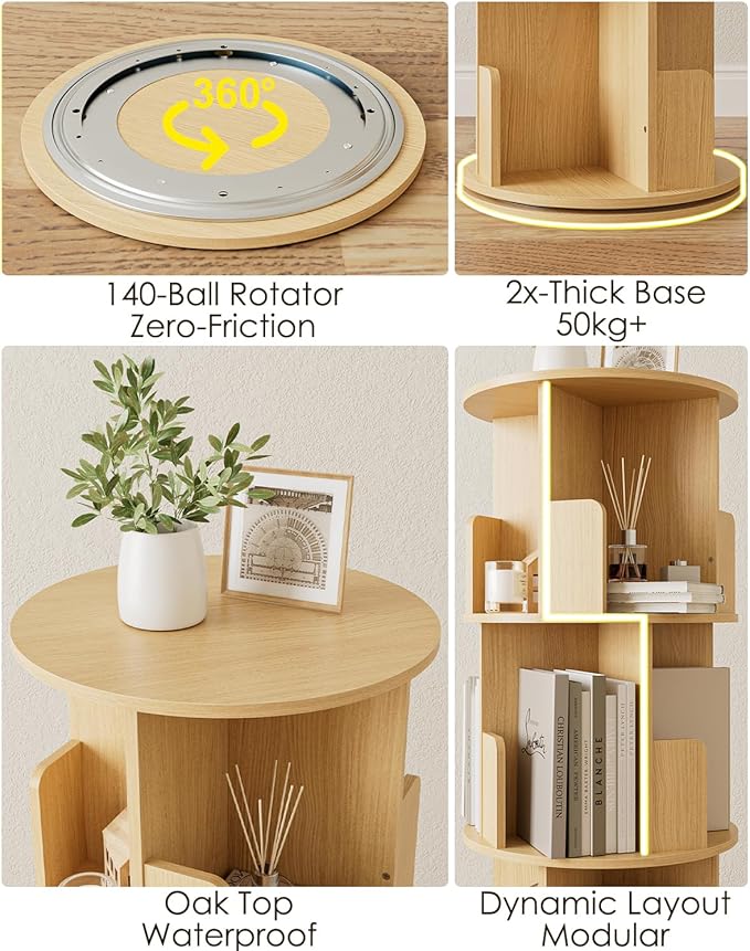 Masupu Rotating Bookshelf, Tall 4 Tier Rotating Spinning Bookshelf Tower - Image 6