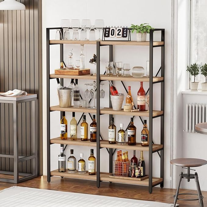 FATORRI Bookshelf, 5 Tier Industrial, Tall Etagere Bookcase, Rustic Wood and - Image 8