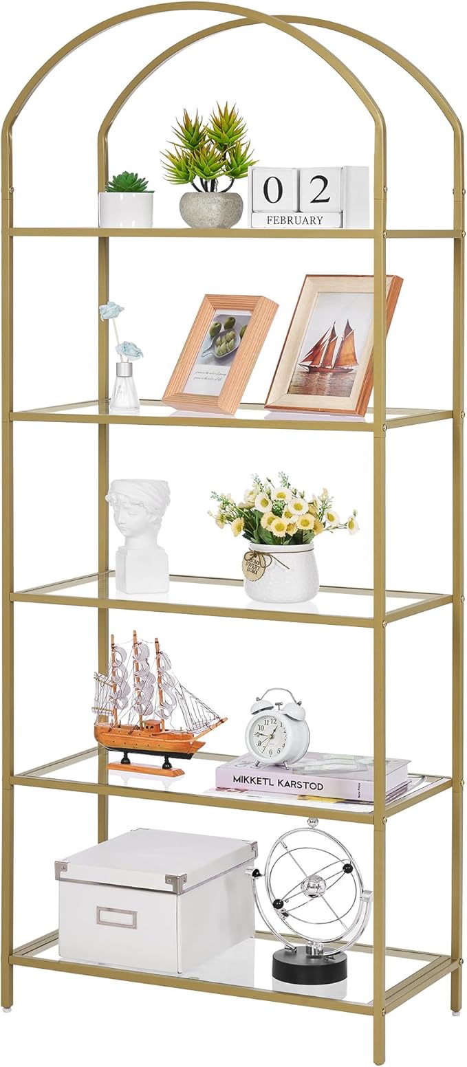 Homhedy Bookshelf Arched Display Racks, Metal Bookcase, Tempered Glass Shelves - Image 8