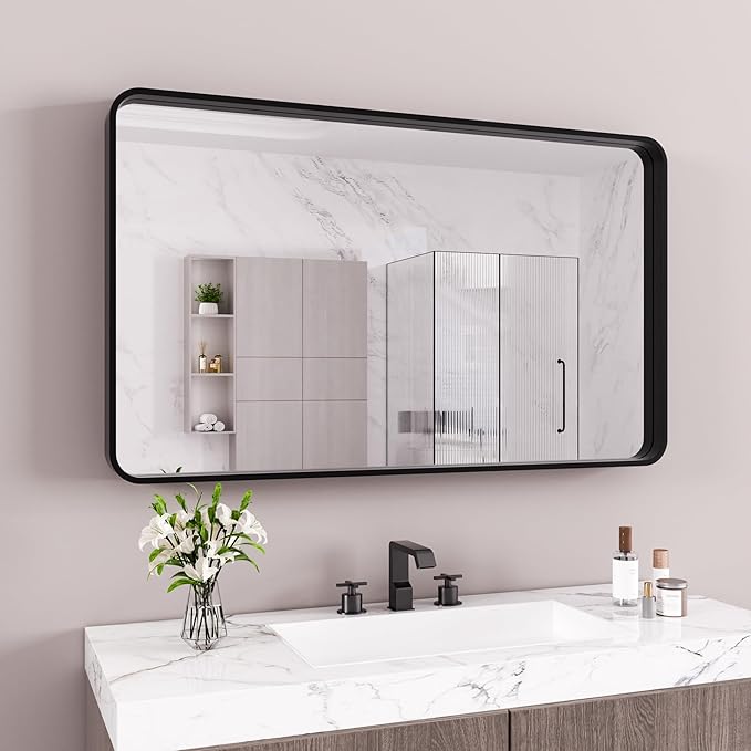 Black Bathroom Mirror 60X40 Inch, Rounded Rectangle Matte Bathroom Vanity Mirror - Image 2