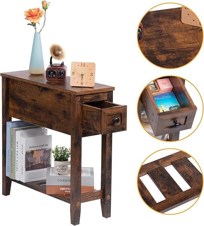 Brown Chairside Narrow End Table, Solid Wood Recliner Side Table - Image 5