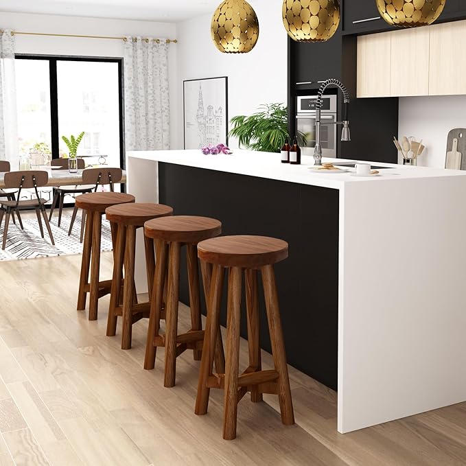 Bar Stool with Round Seat for Kitchen Island Counter, Solid Teak Wood Barstool - Image 5
