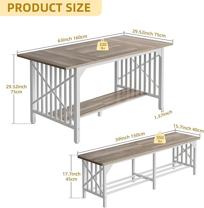 DWVO 3-Piece Dining Table Set for 4-6 People, Industrial Rectangular Dining - Image 2