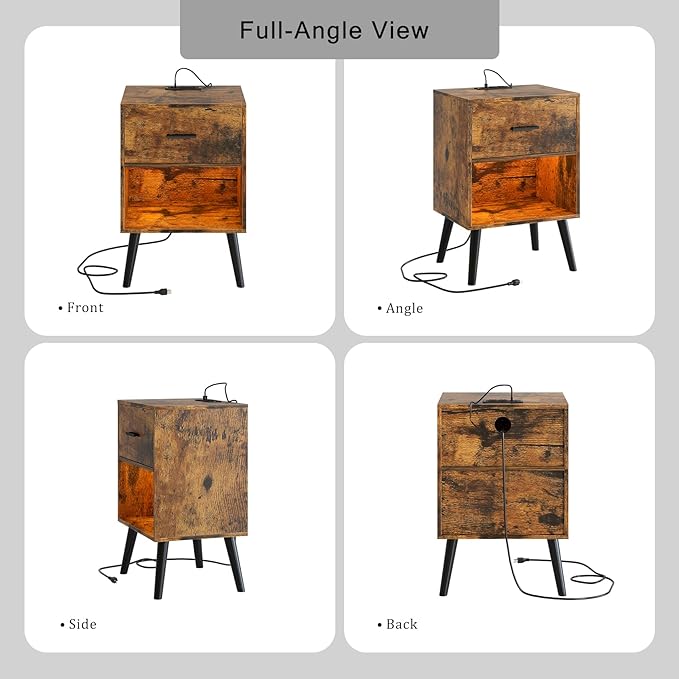 Nightstand with Charging Station and LED Lights, Small Side Table, Bedside - Image 9