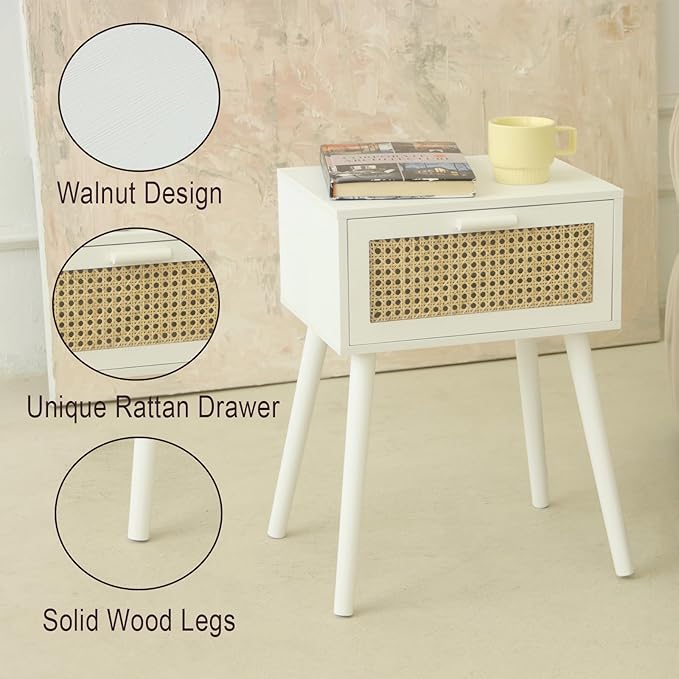 AWASEN White Rattan Nightstand, Modern Bedside Table - Image 3