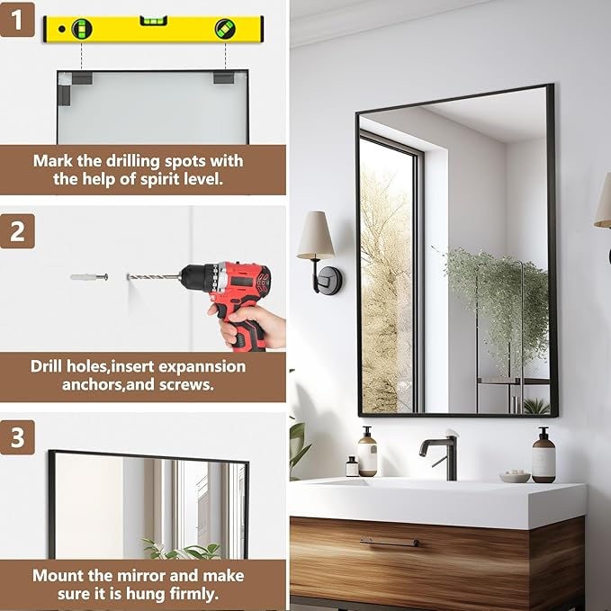 Black Bathroom Mirror, Matte Black Mirror, Metal Frame Square Corner Vanity - Image 5