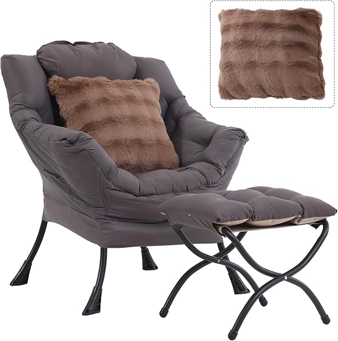 Large Lazy Chair with Ottoman, Accent Reading Chair with a Throw Pillow by HomeEastllyHome