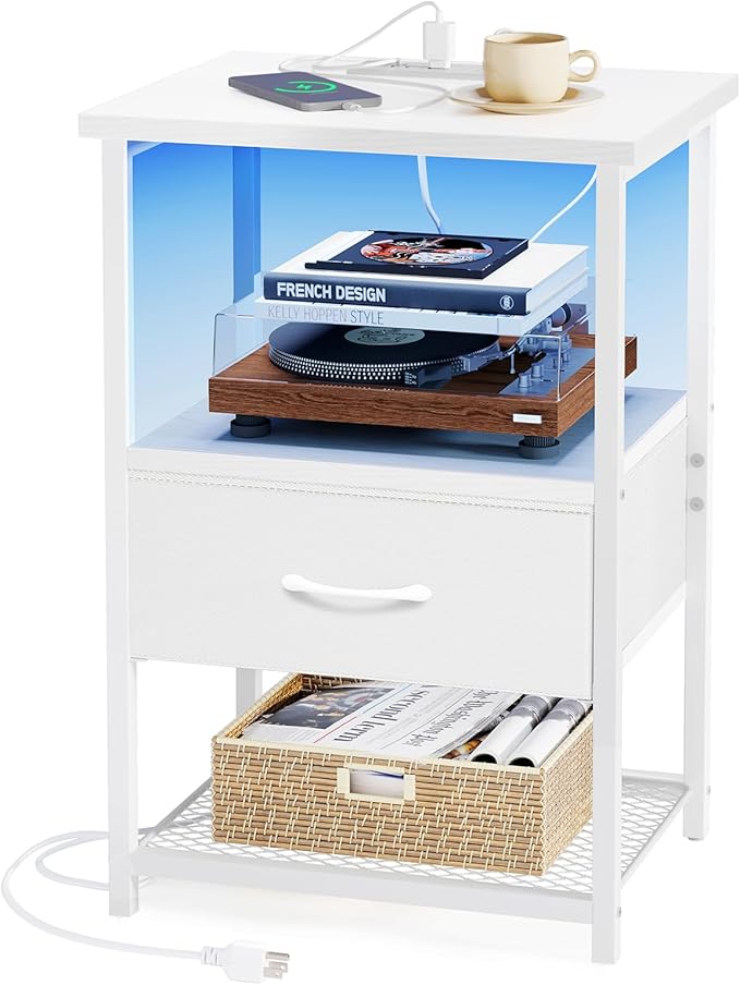 Fixwal Night Stand with Charging Station, LED Nightstand with Fabric Drawers by Fixwal
