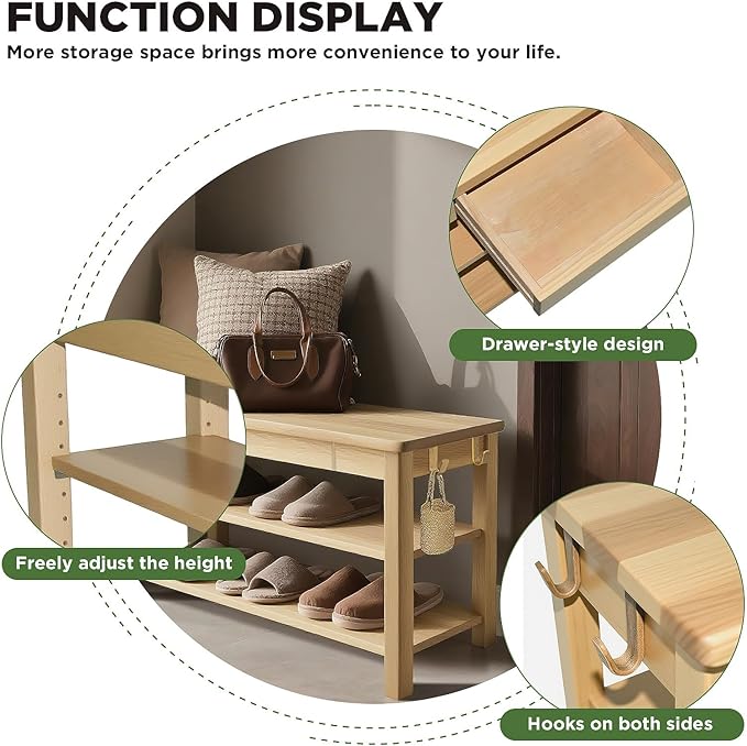 Wood Shoe Bench Entryway with Drawer: 2-Tiers Wooden Storage Shoe Rack with - Image 4