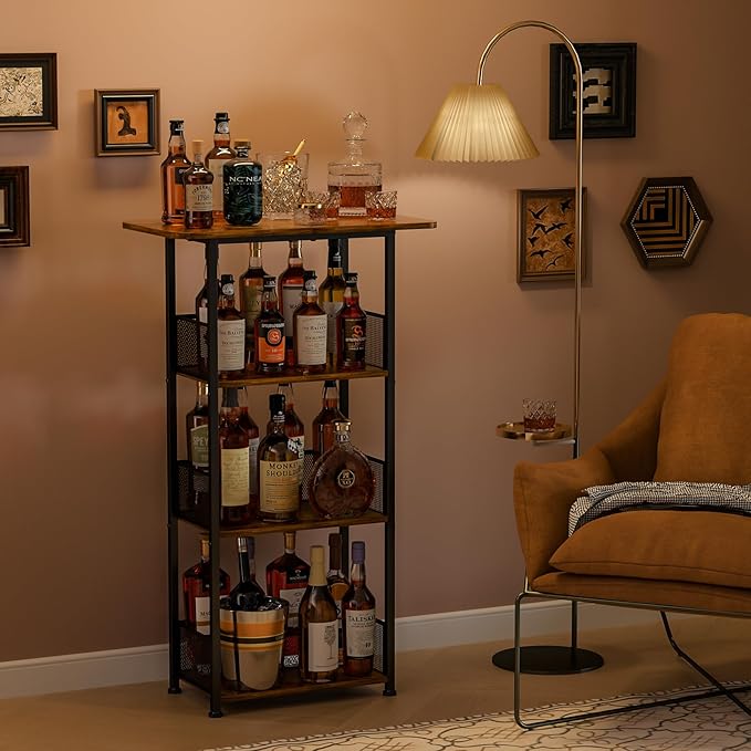 Wine Rack Freestanding Floor:4 Tier Whiskey Wine Rack Mini Bar Cart, Liquor - Image 6