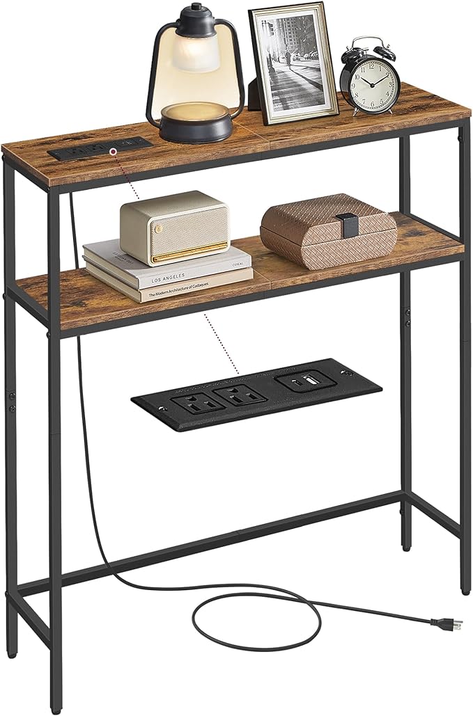 VASAGLE Console Table with Power Outlet, 2-Tier Narrow Sofa Table with 2 Shelves by VASAGLEbySONGMICSHOME