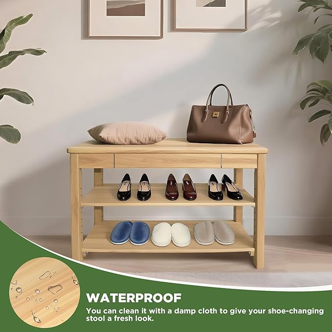 Wood Shoe Bench Entryway with Drawer: 2-Tiers Wooden Storage Shoe Rack with - Image 6