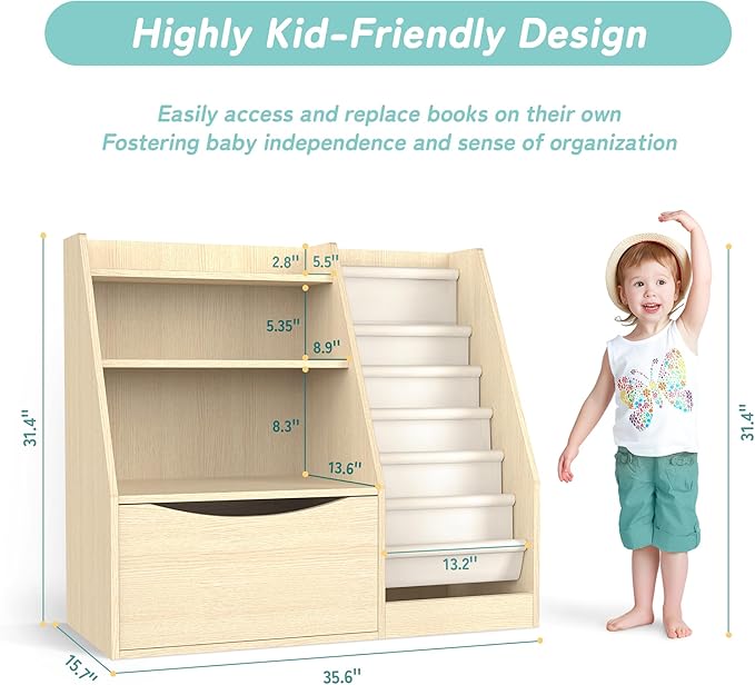 TOETOL 3 Tier Kids Bookshelf and Book Storage，6 Sling Toddler Bookshelf - Image 2