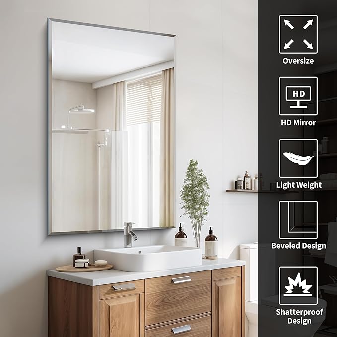 Beveled Bathroom Mirror, 30x48 Inch Large Frameless Mirrors - Image 3