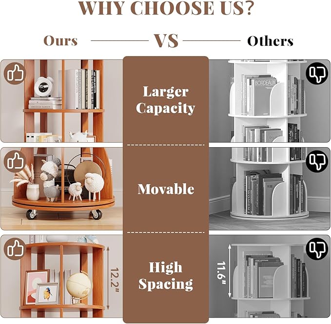 4 Tier Rotating Bookshelf with Brake Wheels, 360° Spinning Bookcase, Vertical - Image 5