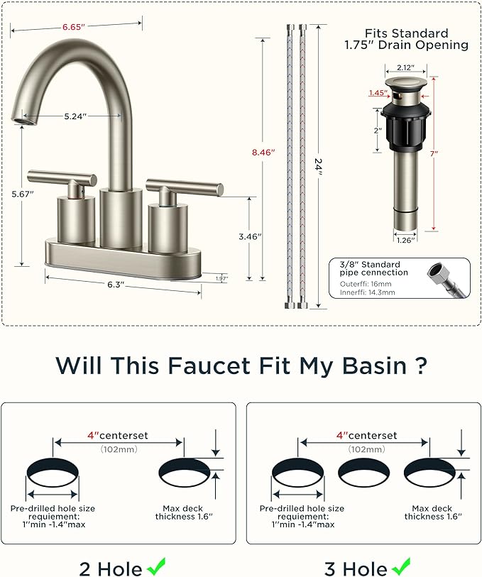 FORIOUS Brushed Nickel Bathroom Faucet 2 Hole, 4 Inch Centerset Bathroom Sink - Image 9