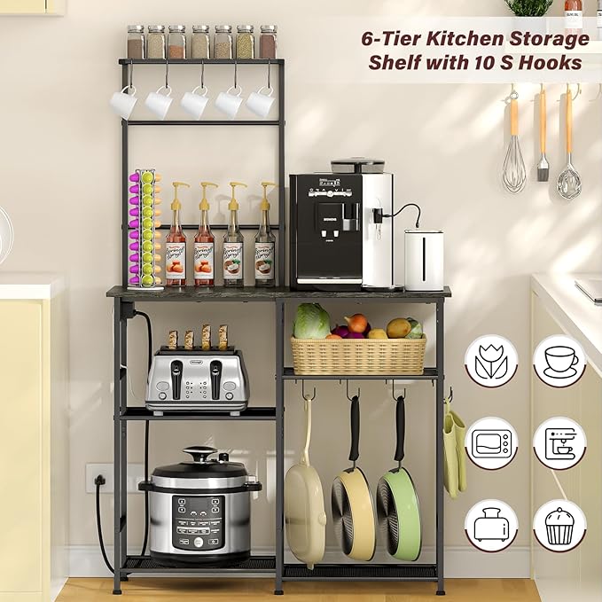 Bakers Rack with Power Outlet, Kitchen Microwave Stand with 10 S-shaped Hooks - Image 4